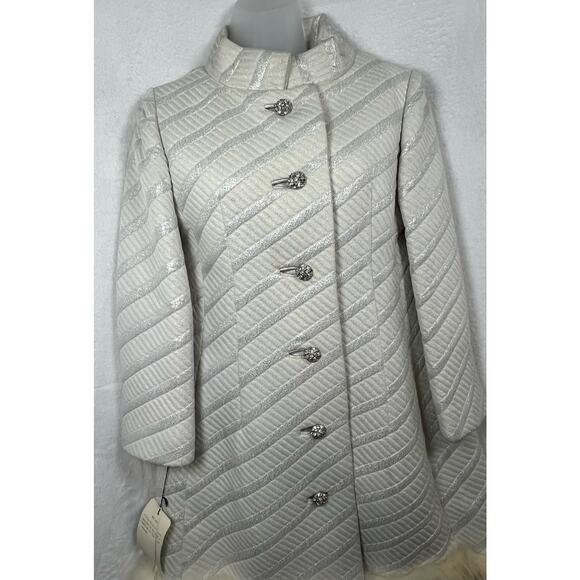 VINTAGE 60's 70's Penny Lane White Silver Brocade Coat Jacket Faux Fur Hem Sz 10 - Picture 5 of 16